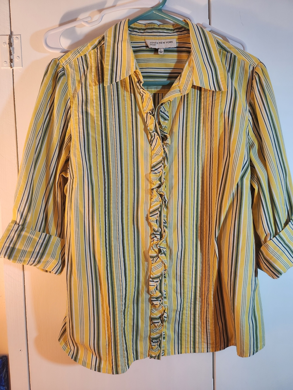 Jones New York Yellow Multi-Stripe Ruffle Button-Down Shirt